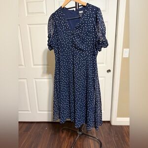 DKNY Navy and White Polka Dot Midi Dress